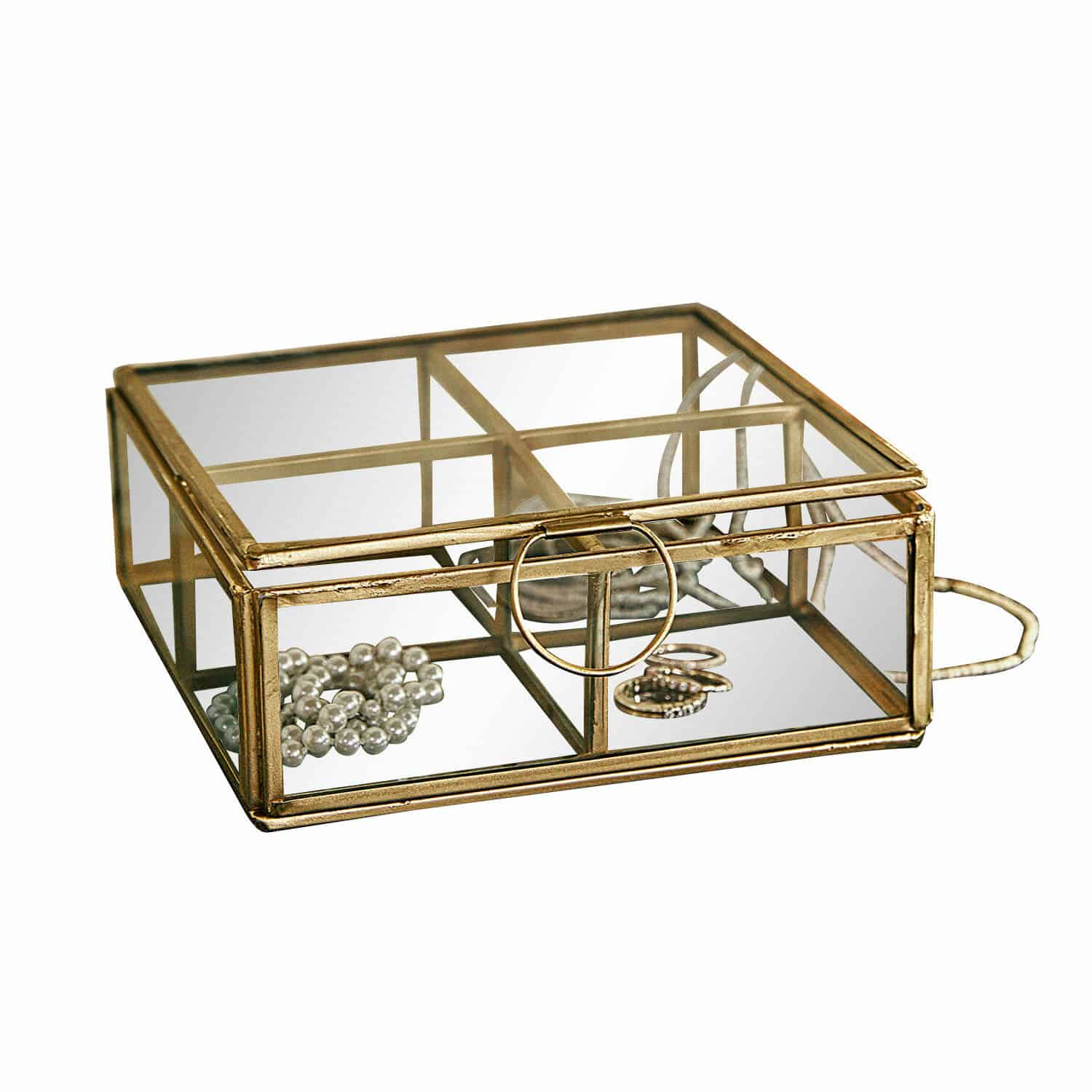Box Moselle Glas-Schmuckbox mit antikgoldfarbenem Metallrahmen und Fächern zur Aufbewahrung von Schmuck