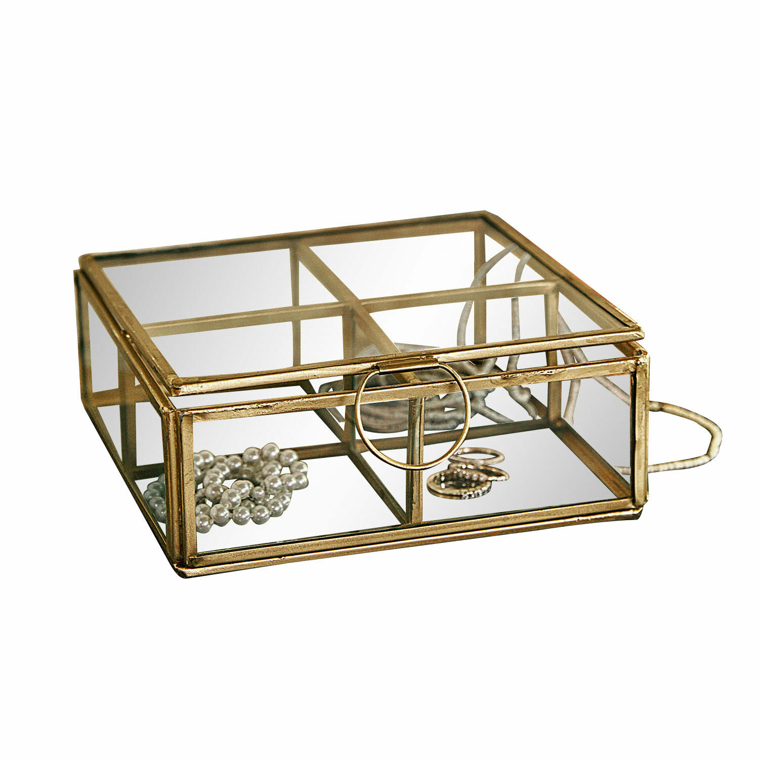 Box Moselle Glas-Schmuckbox mit antikgoldfarbenem Metallrahmen und Fächern zur Aufbewahrung von Schmuck