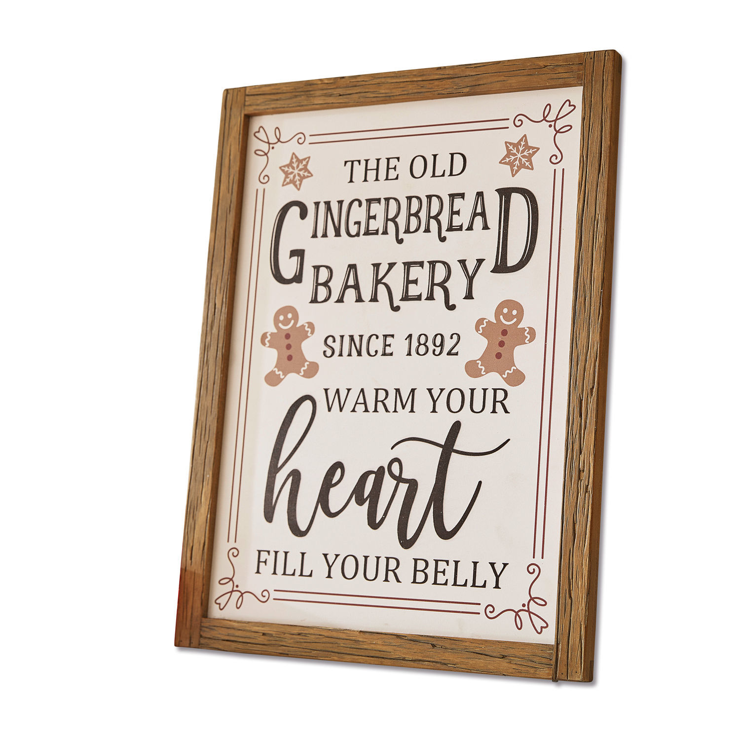 Holzrahmen mit Schriftzug über Lebkuchenbäckerei und Lebkuchenmännchen-Dekor, Wanddekoration