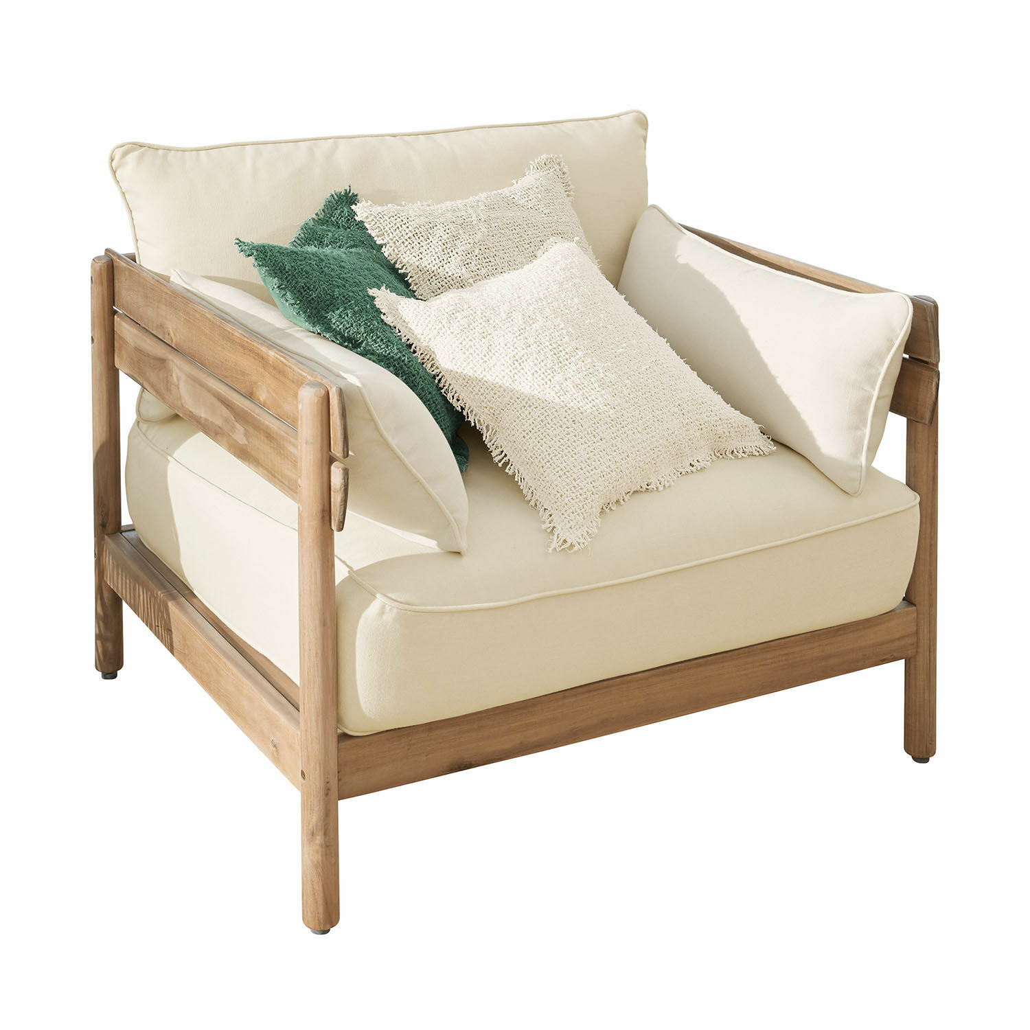 Sessel FSC®-100% Montivaux Sessel aus Teakholz mit cremefarbenen Polstern und dekorativen grünen und beigen Kissen