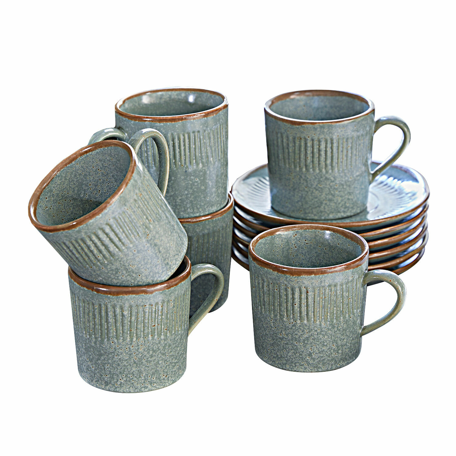 6-teiliges Set keramischer Tassen mit Untertassen in Türkis und Braun mit strukturierter Oberfläche