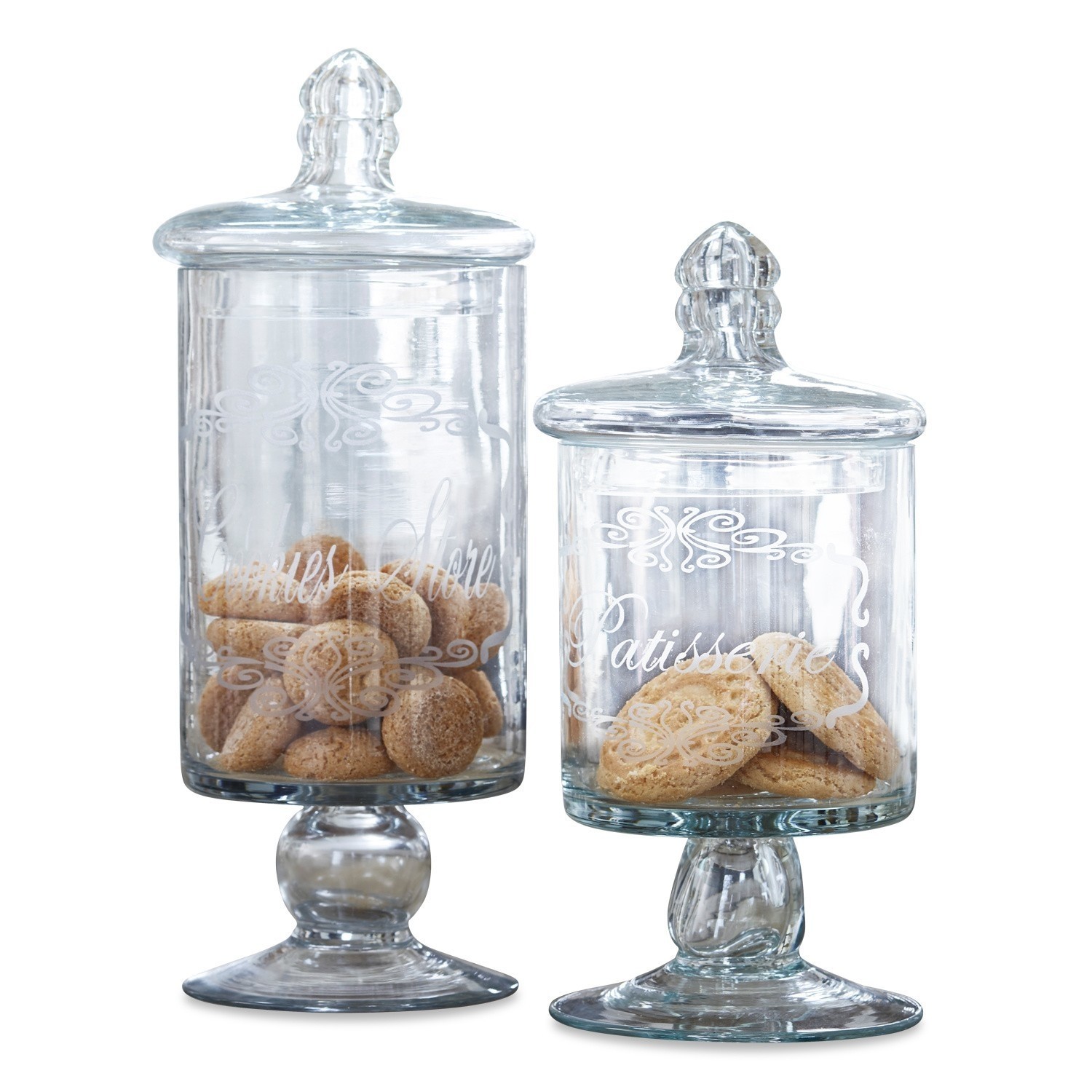 Dose 2er Set Suzie Zwei transparente Glasbehälter auf Fuß mit Deckeln, gefüllt mit Keksen, dekoratives Glas