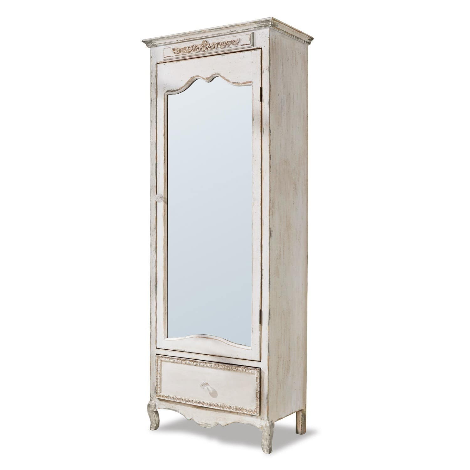 Hoher Holzschrank im Vintage-Stil in Weiß mit Spiegel und dekorativem Schubladendetail