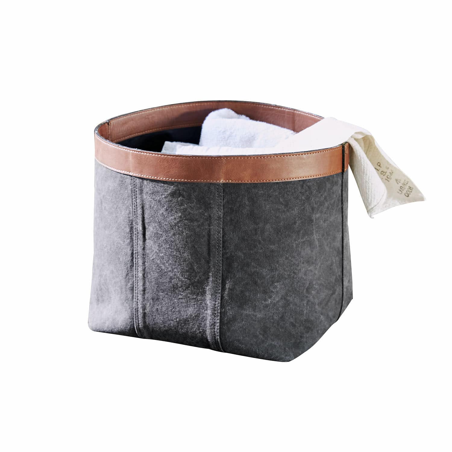 Korb Chansonet Grauer Stoffkorb mit braunem Lederbesatz, ideal zur Aufbewahrung von Handtüchern und Textilien