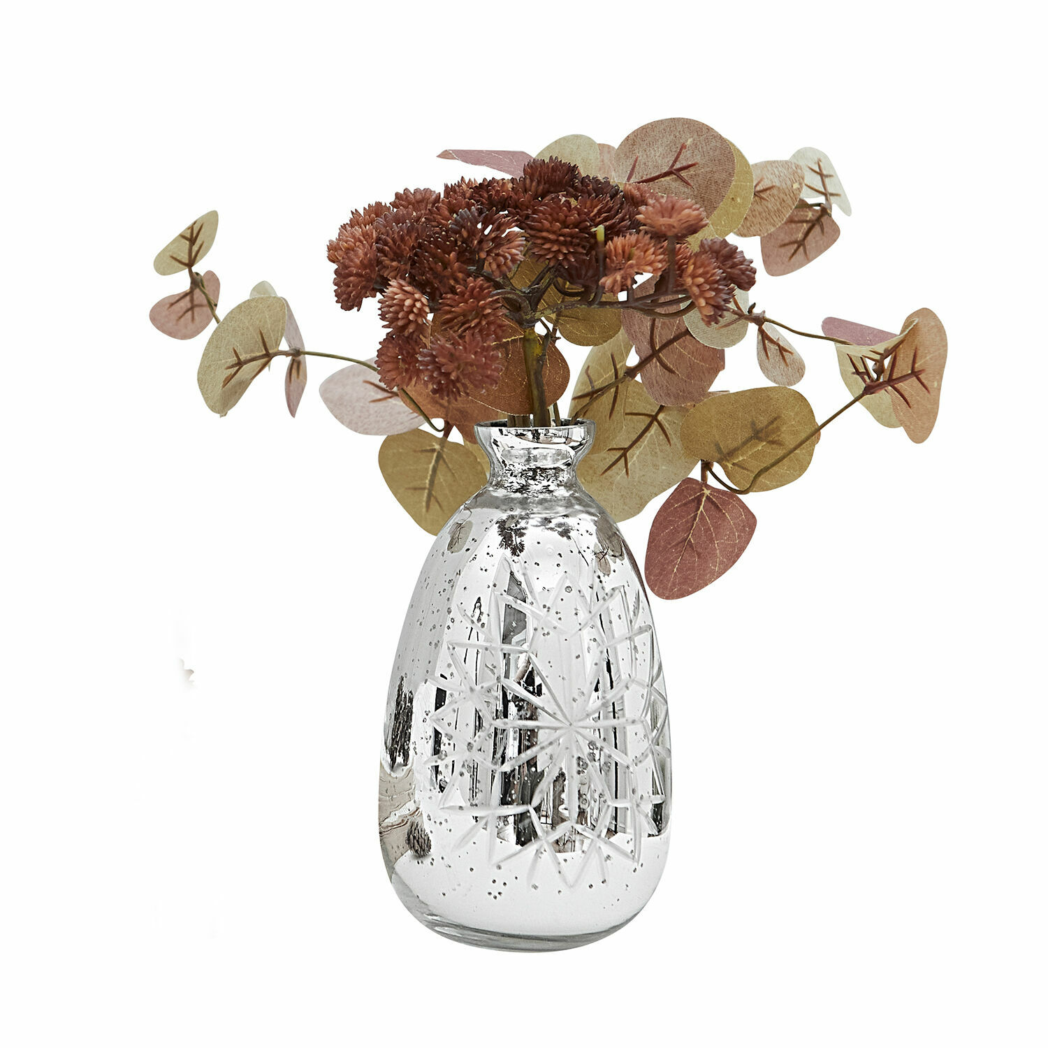Vase Zorelie Silberner Glasvase mit graviertem Muster und getrockneten braunen Blumen als Dekoration