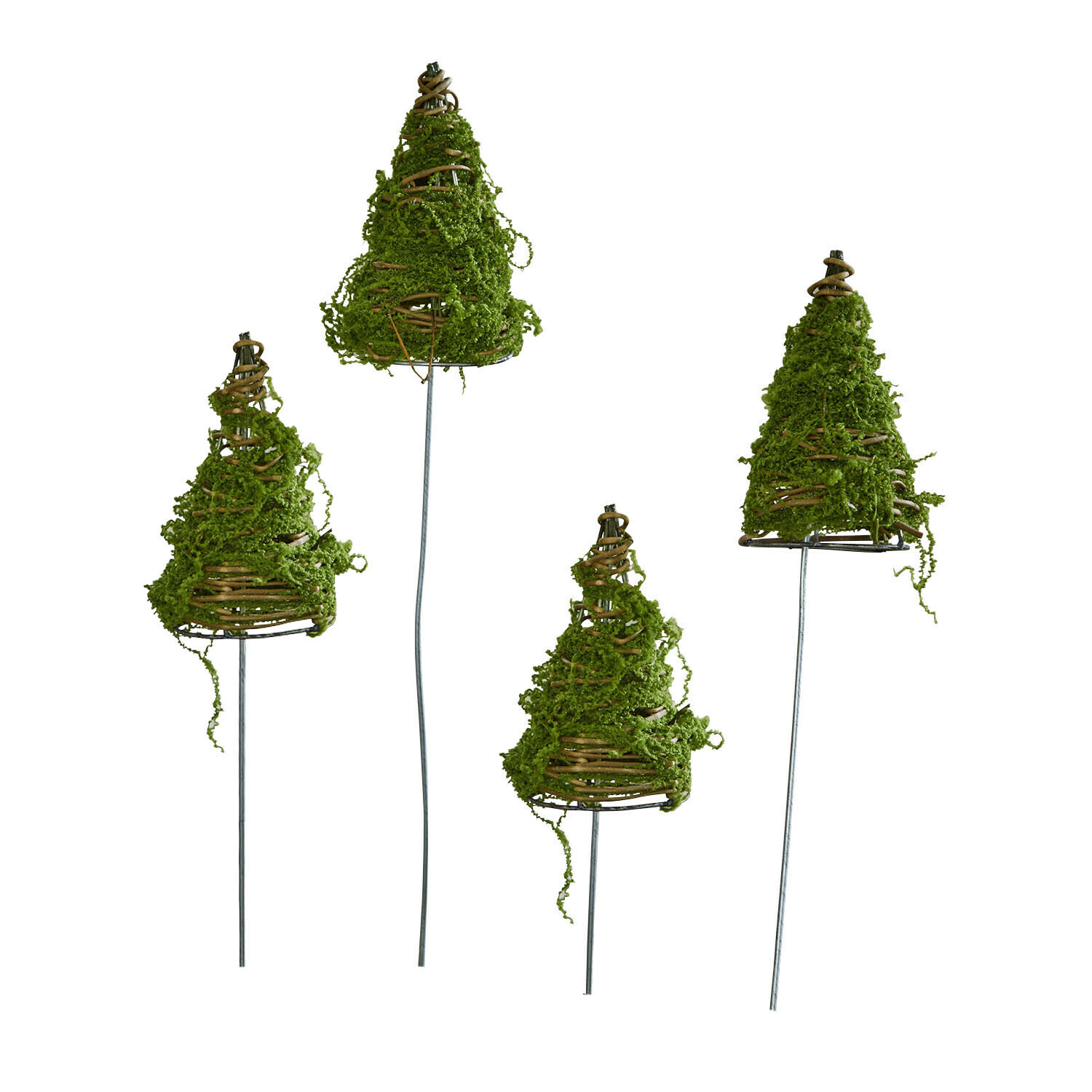 Dekorative grüne Moos-Tannenbäume auf Metallspießen für Garten oder Innenbereich