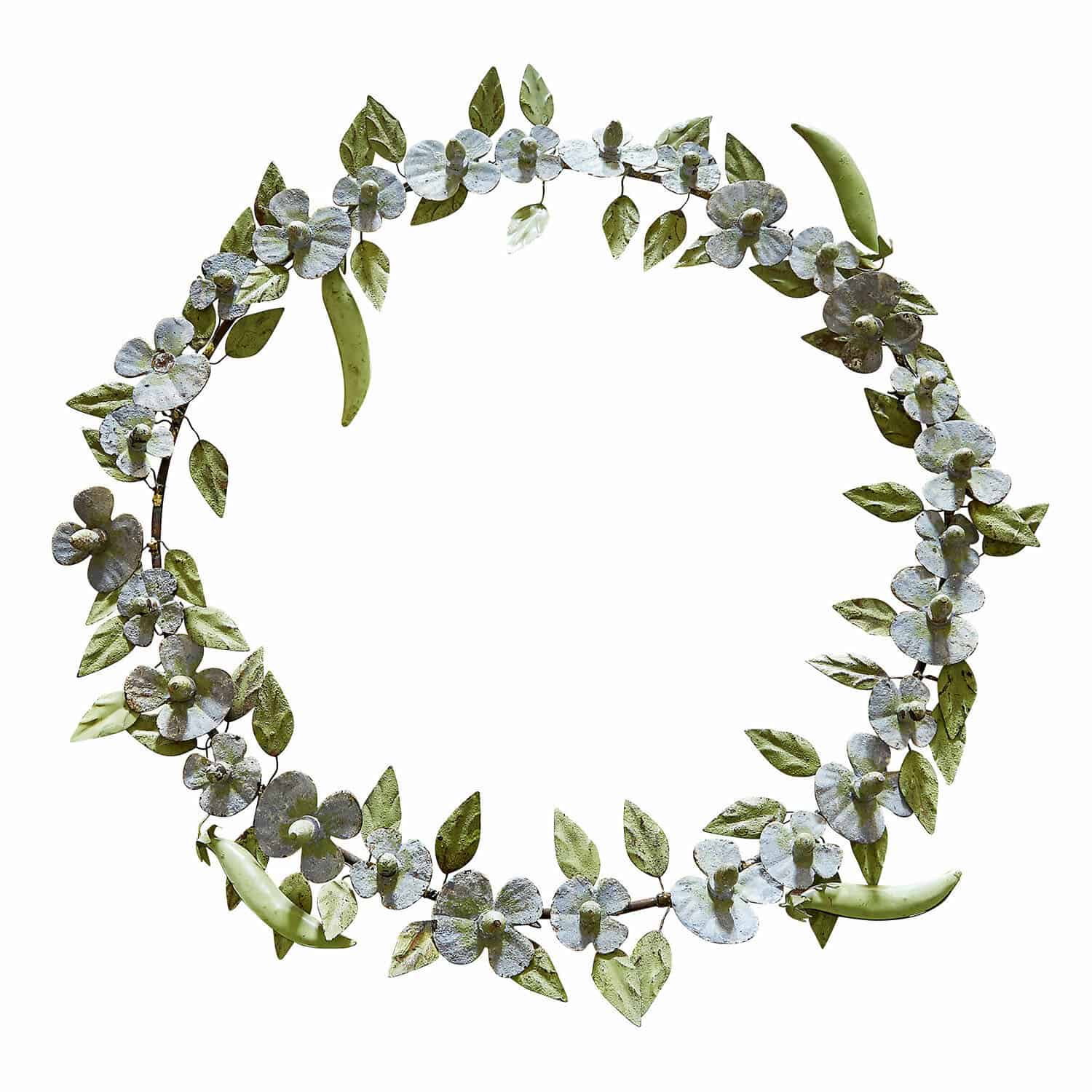 Kranz Cecilia Metallkranz mit grünen Blättern und weißen Blüten als Dekoration für Haus und Garten