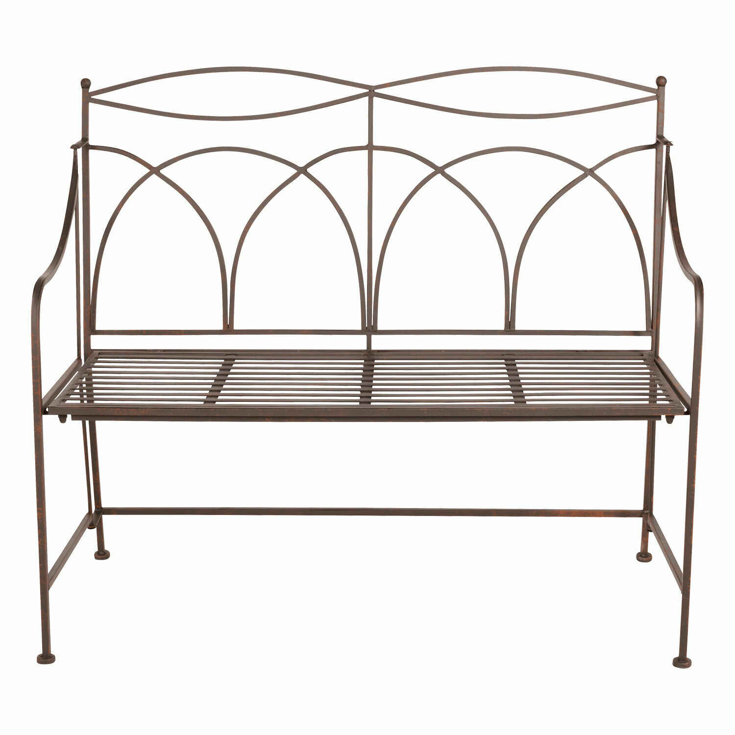 braun Braune Metall-Gartenbank mit dekorativer Rückenlehne und Latten-Sitzfläche, langlebige Gartenmöbel