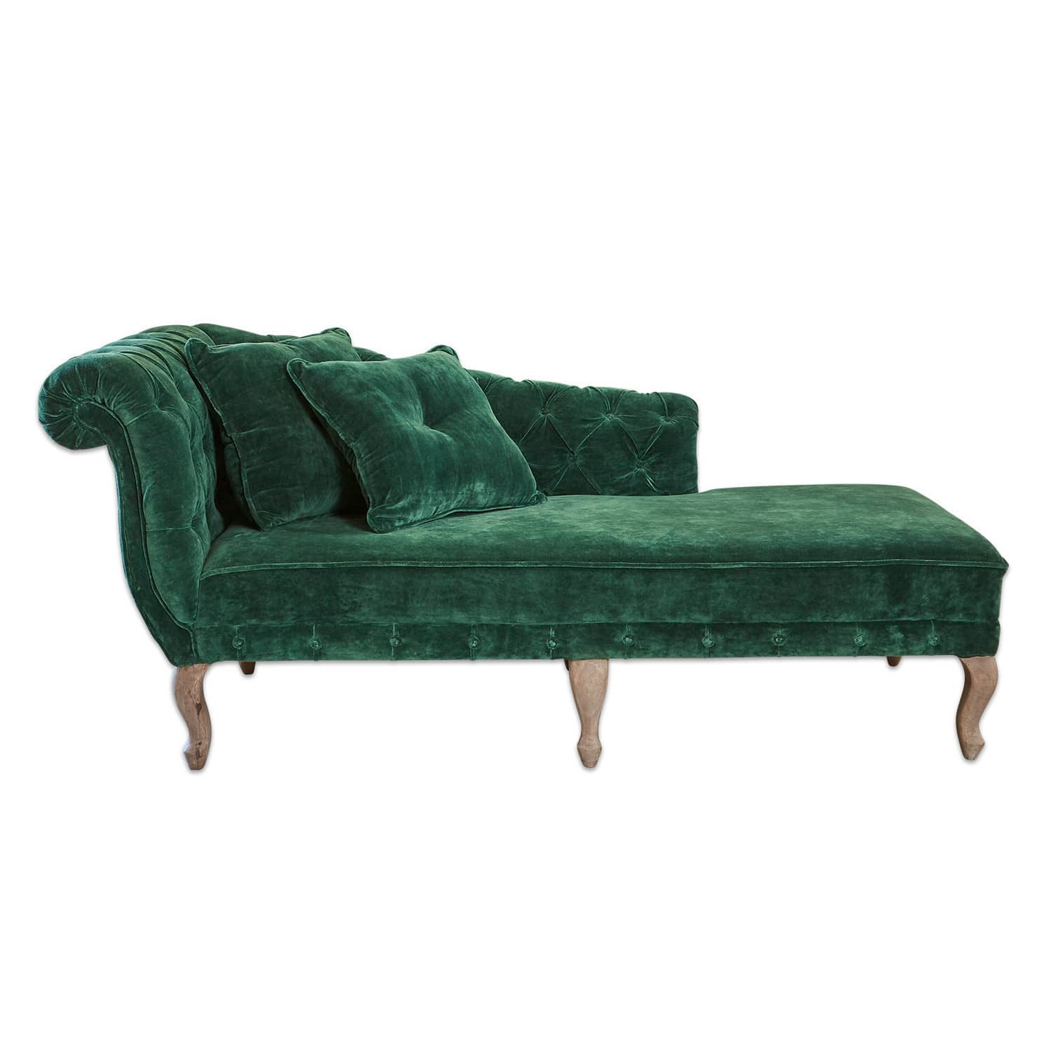 Chaiselongue Viviani Grüne Samt-Chaiselongue mit Holzbeinen und gesteppter Rückenlehne für Wohnzimmer