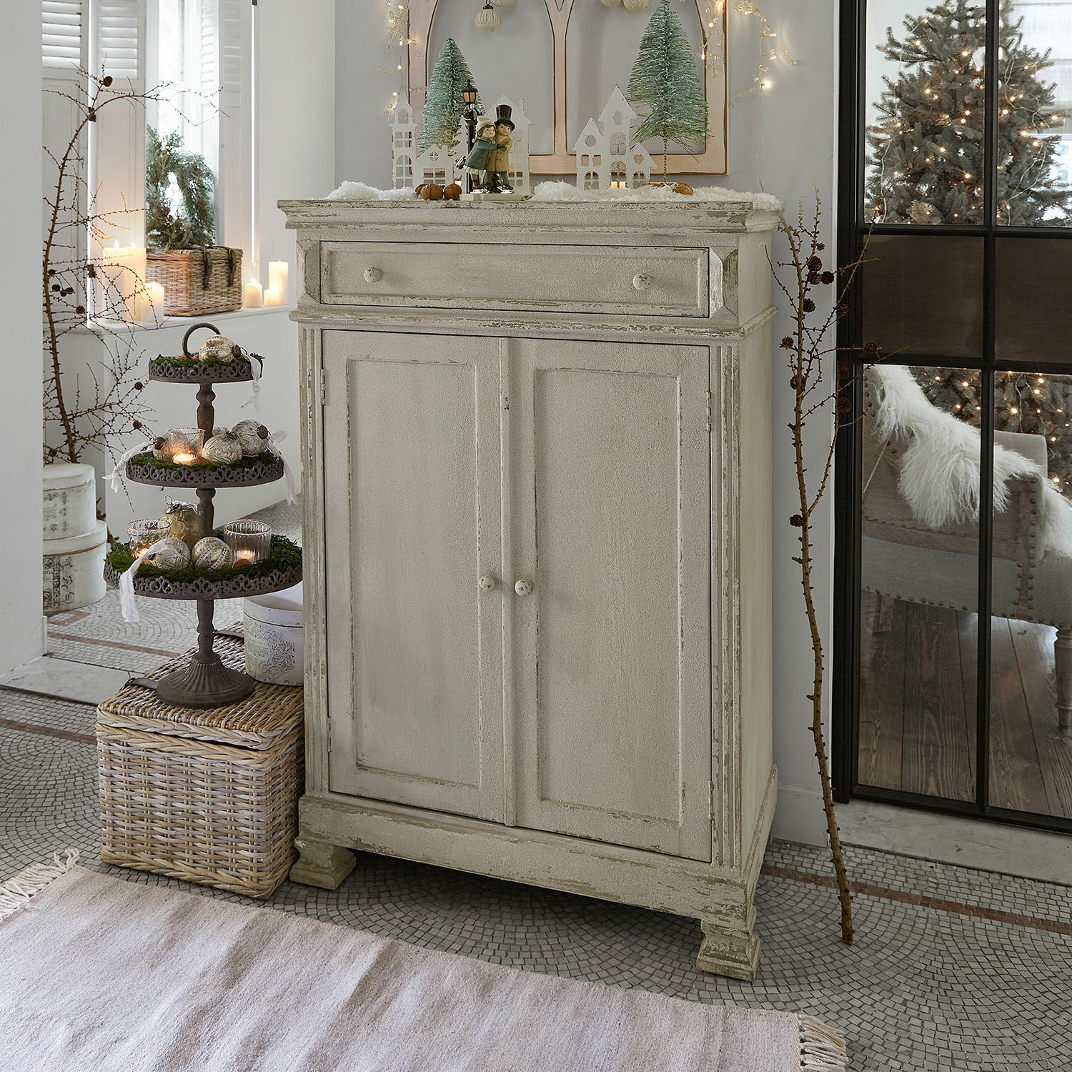 Kommode Héloinette Beige Holzkommode mit Schublade und zwei Türen im Vintage-Stil fürs Wohnzimmer