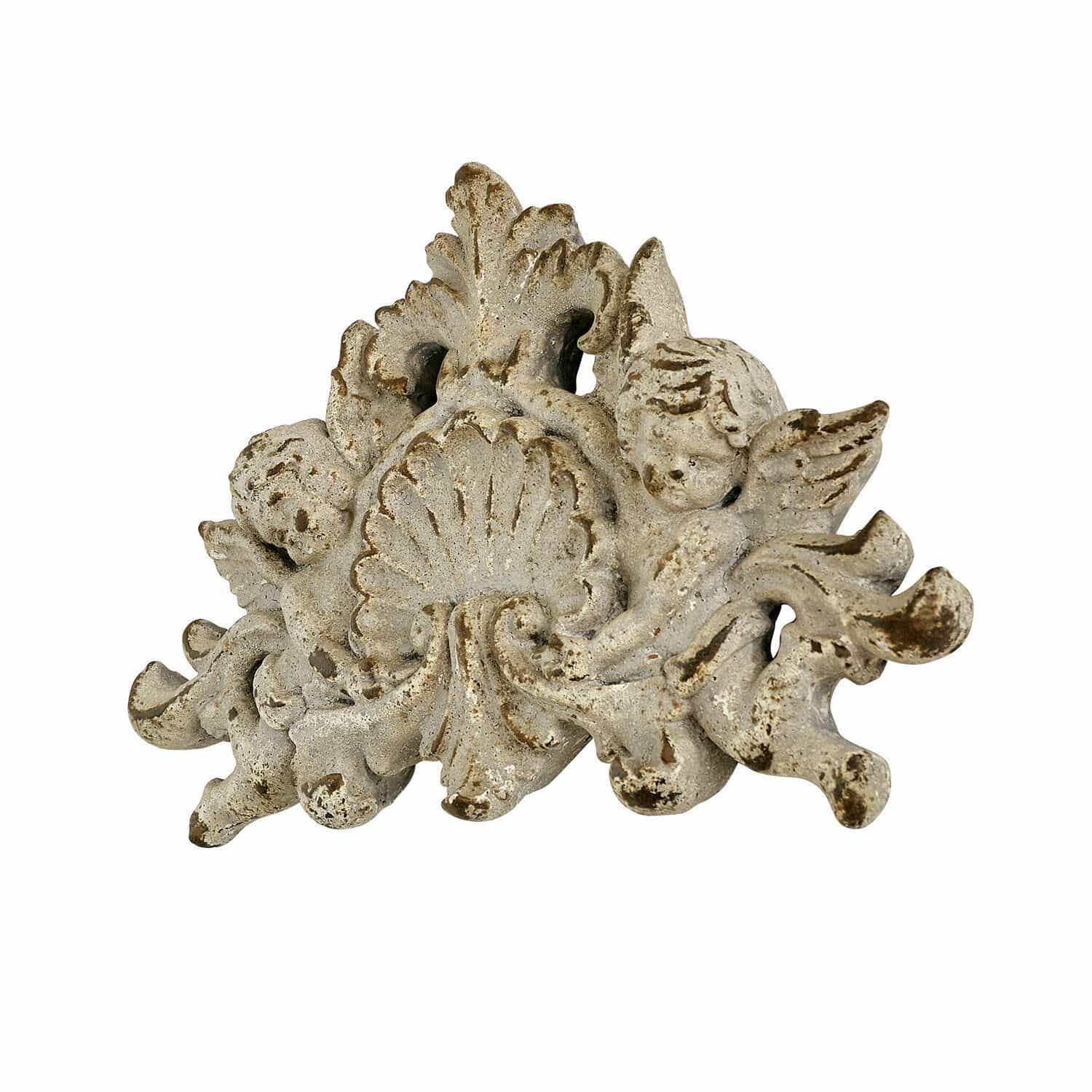Wandornament Gordian Dekorativer Ornamentaufsatz aus weiß patinierter Resin mit Engeln für Vintage-Interieur