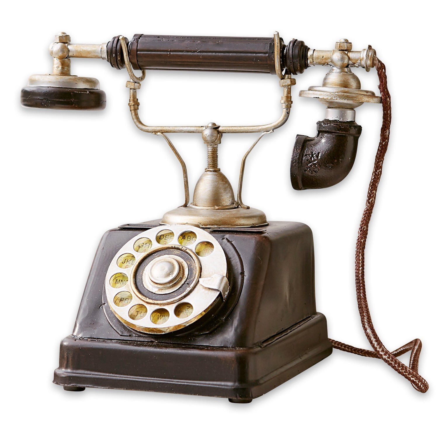 Deko-Telefon Upavon Alter schwarzer Wählscheibentelefon mit Metallteilen und braunem Kabel als Vintage-Dekoration