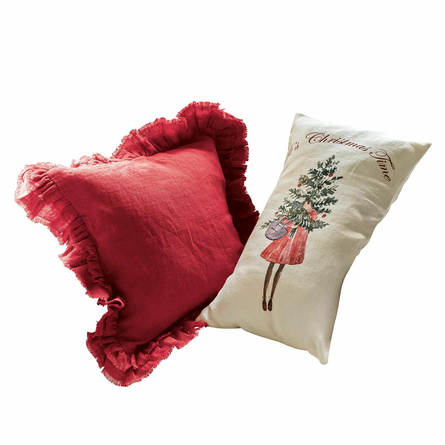 Kissenhülle 2er Set Christmas Time Set aus zwei dekorativen Leinenkissen in Rot und Creme mit Weihnachtsmotiv