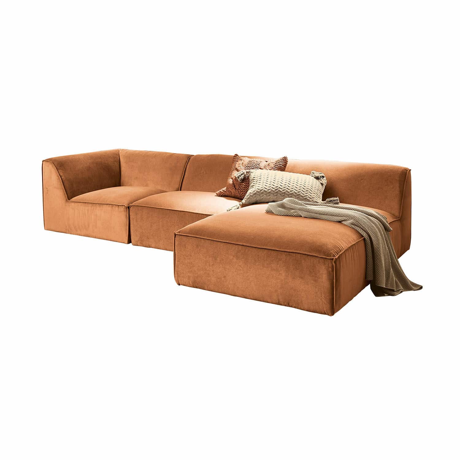 Sofa McLean Modulares braunes Sofa aus weichem Stoff mit Kissen und Decke für Wohnzimmer